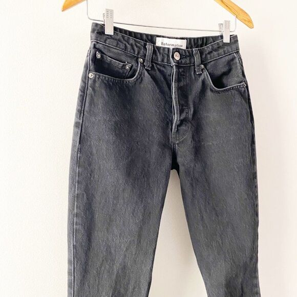 Reformation Denim Skinny French High Rise Button Fly Charcoal Black in Thames 26 - Picture 2 of 11